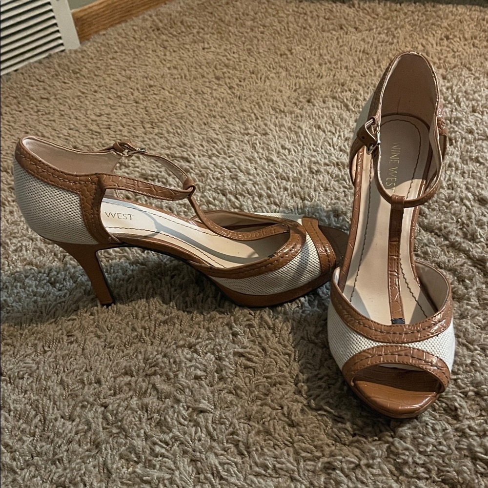 Nine West Tan and White Heels